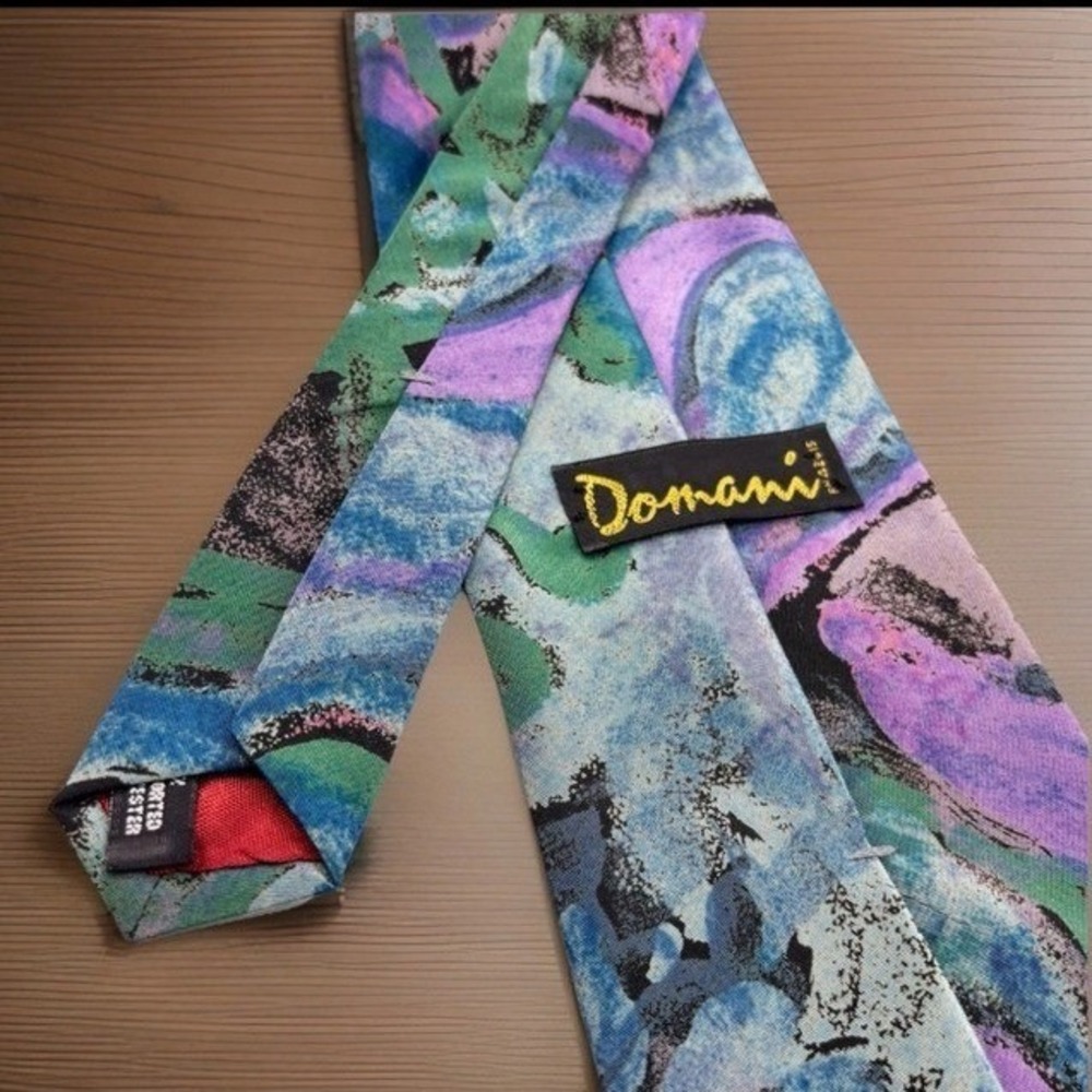 Domani Vintage Abstract Watercolor Necktie Teal‎ Purple Blue Green Artsy USA
